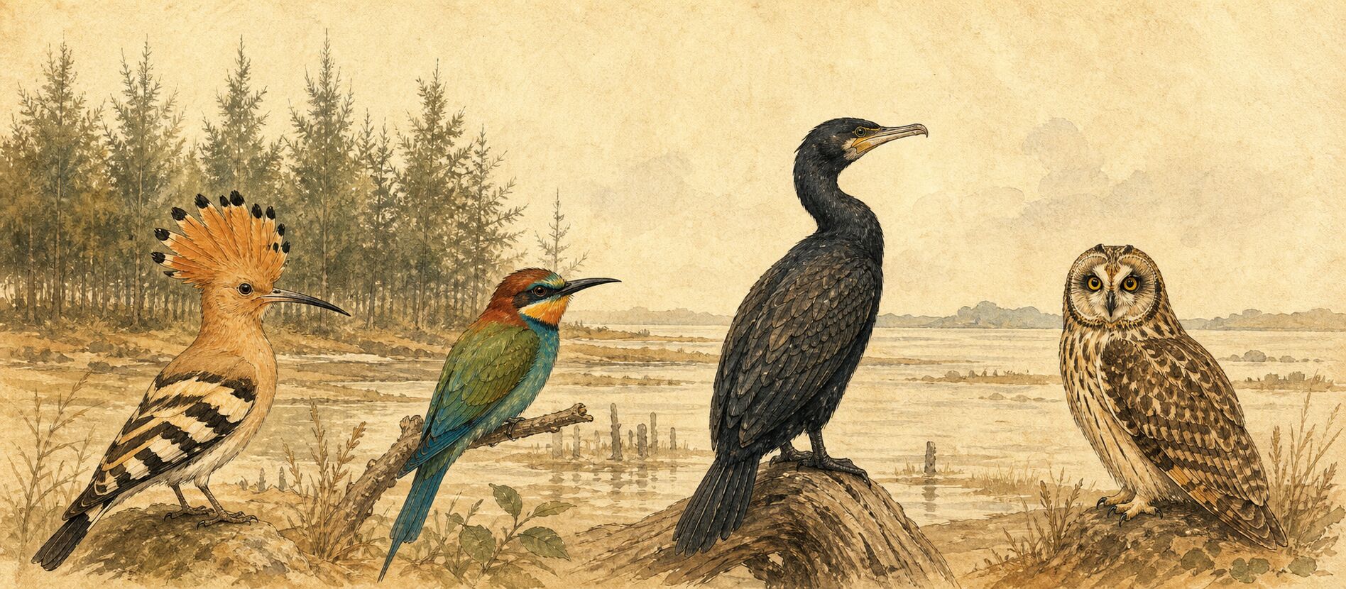 金門濕地手繪插畫,並列描繪戴勝、栗喉蜂虎、鸕鶿與短耳鴞四種代表鳥類